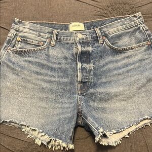 Agolde Frayed Hem Blue Denim Shorts